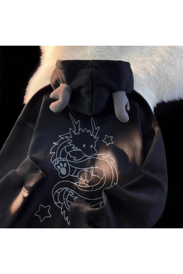 Fall Mystic Dragon Hoodie with Horns | Y2K Vintage Aesthetic Outfit