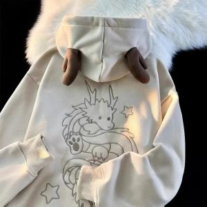 Fall Mystic Dragon Hoodie with Horns | Y2K Vintage Aesthetic Outfit