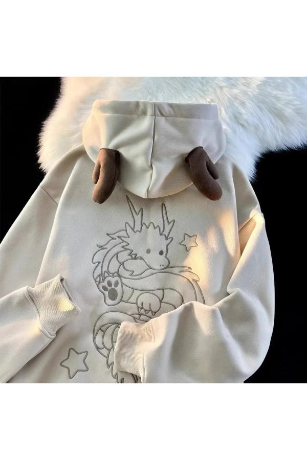 Fall Mystic Dragon Hoodie with Horns | Y2K Vintage Aesthetic Outfit