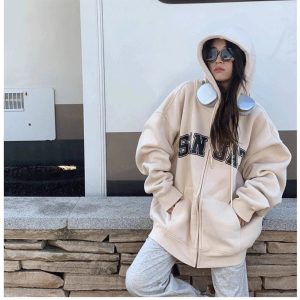 Fall Neutral Varsity Zip-Up Hoodie | Y2K Outfits Vintage & Aesthetic Styles