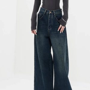 Fall Oversized Dark Wash Wide-Leg Jeans - Y2K Vintage Street Style Outfit