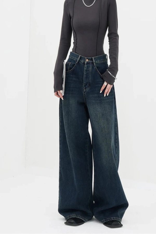 Fall Oversized Dark Wash Wide-Leg Jeans - Y2K Vintage Street Style Outfit