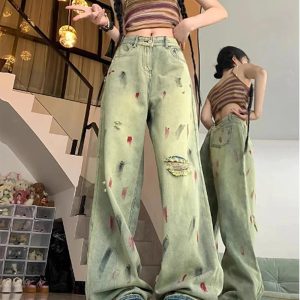 Fall Paint Splatter Grunge Wide-Leg Jeans | Y2K Vintage Street Style Outfits