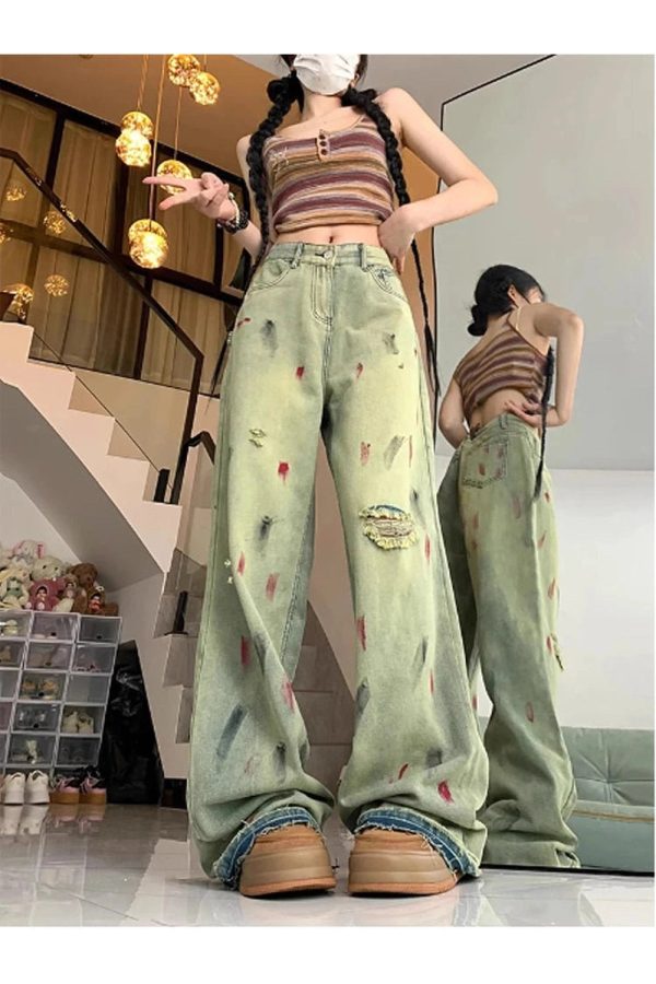 Fall Paint Splatter Grunge Wide-Leg Jeans | Y2K Vintage Street Style Outfits