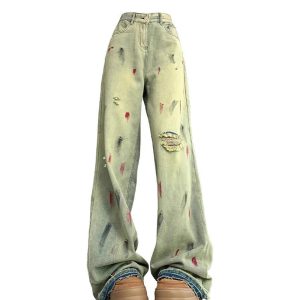 Fall Paint Splatter Grunge Wide-Leg Jeans | Y2K Vintage Street Style Outfits