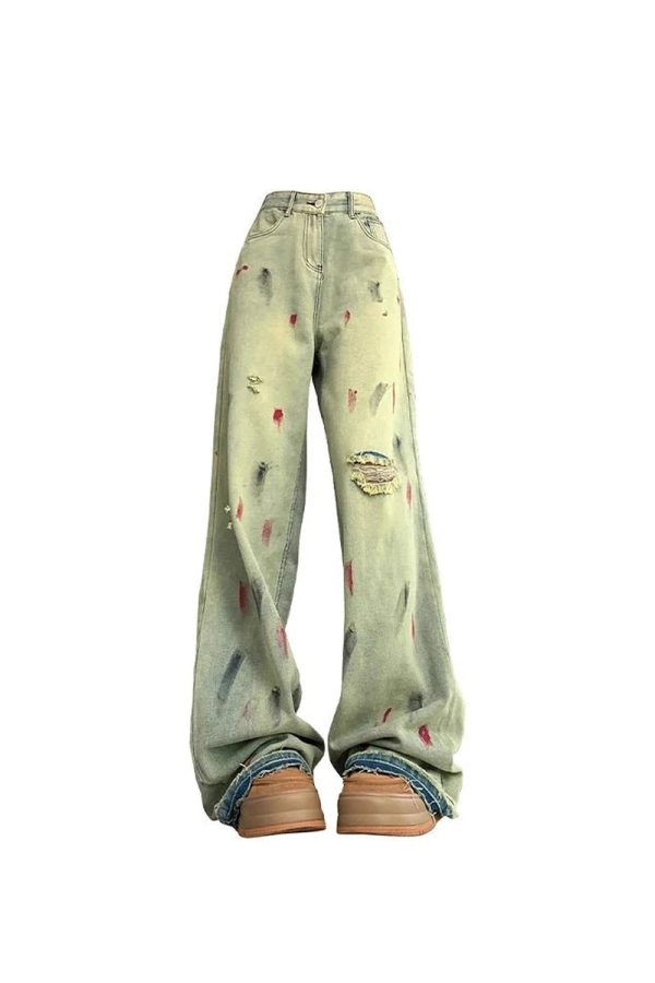 Fall Paint Splatter Grunge Wide-Leg Jeans | Y2K Vintage Street Style Outfits