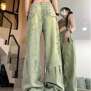 Fall Paint Splatter Grunge Wide-Leg Jeans | Y2K Vintage Street Style Outfits