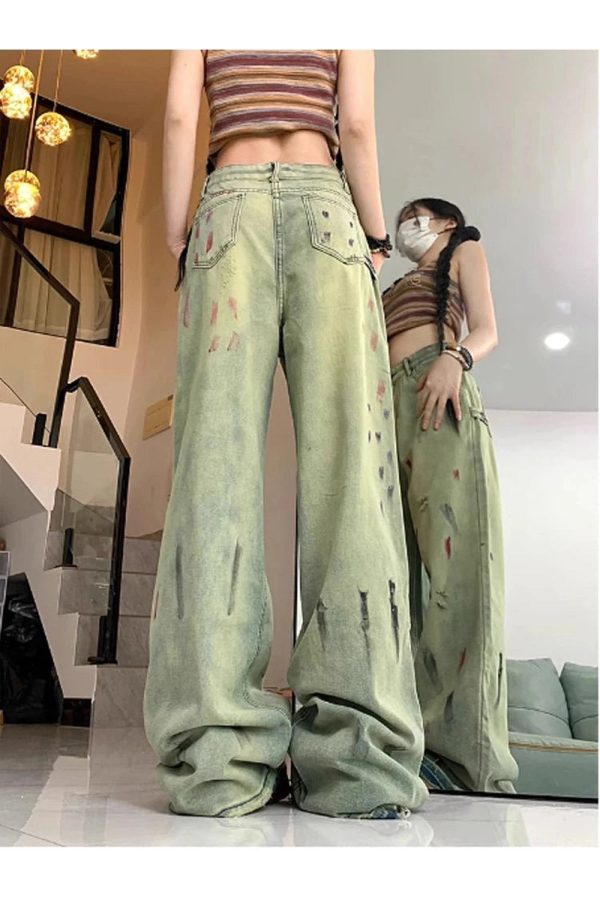 Fall Paint Splatter Grunge Wide-Leg Jeans | Y2K Vintage Street Style Outfits