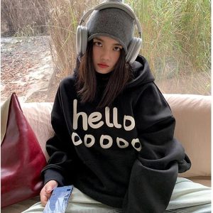 Fall Playful Hello Oversized Hoodie - Y2K Vintage Aesthetic Street Style