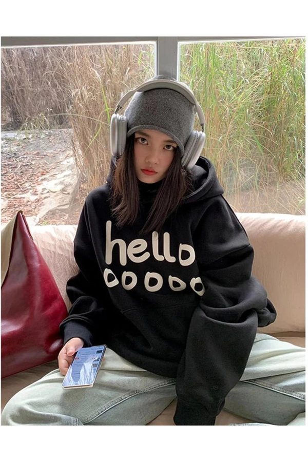 Fall Playful Hello Oversized Hoodie - Y2K Vintage Aesthetic Street Style