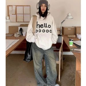 Fall Playful Hello Oversized Hoodie - Y2K Vintage Aesthetic Street Style