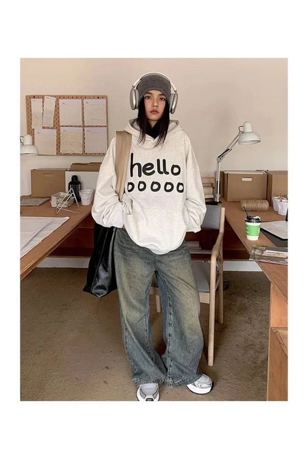 Fall Playful Hello Oversized Hoodie - Y2K Vintage Aesthetic Street Style