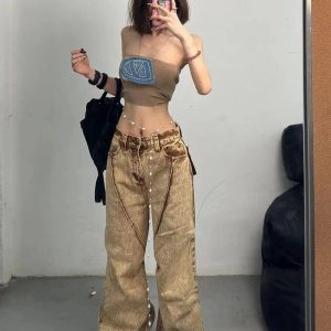 Fall Sandstone Washed Baggy Jeans - Y2K Vintage Street Style Outfits