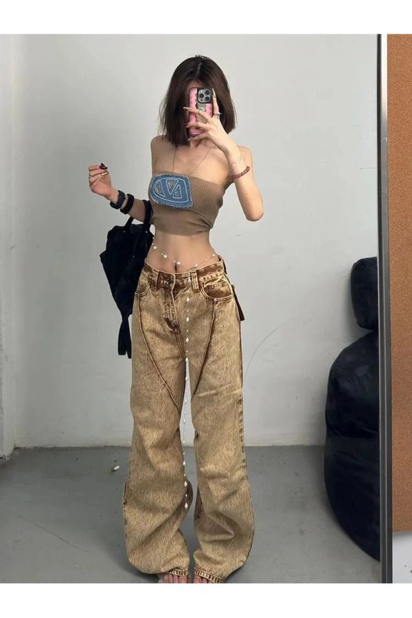 Fall Sandstone Washed Baggy Jeans - Y2K Vintage Street Style Outfits