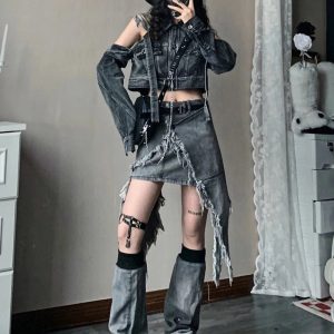 Fall Shredded Chaos Denim Set - Y2K Vintage Outfits for Women