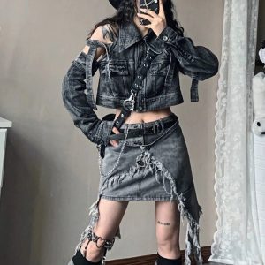 Fall Shredded Chaos Denim Set - Y2K Vintage Outfits for Women