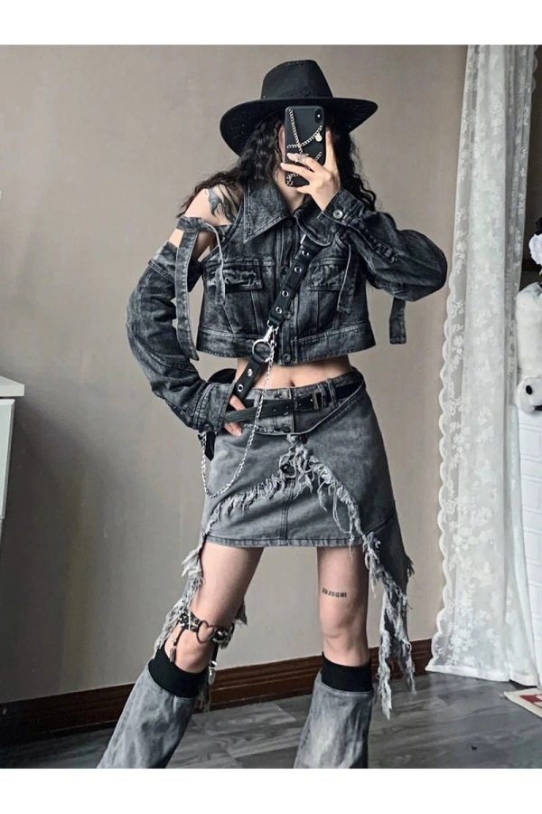 Fall Shredded Chaos Denim Set - Y2K Vintage Outfits for Women