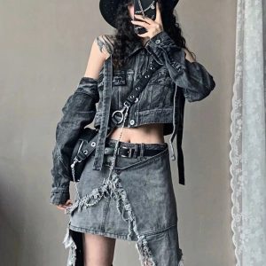 Fall Shredded Chaos Denim Set - Y2K Vintage Outfits for Women