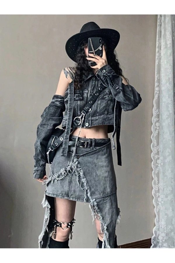 Fall Shredded Chaos Denim Set - Y2K Vintage Outfits for Women