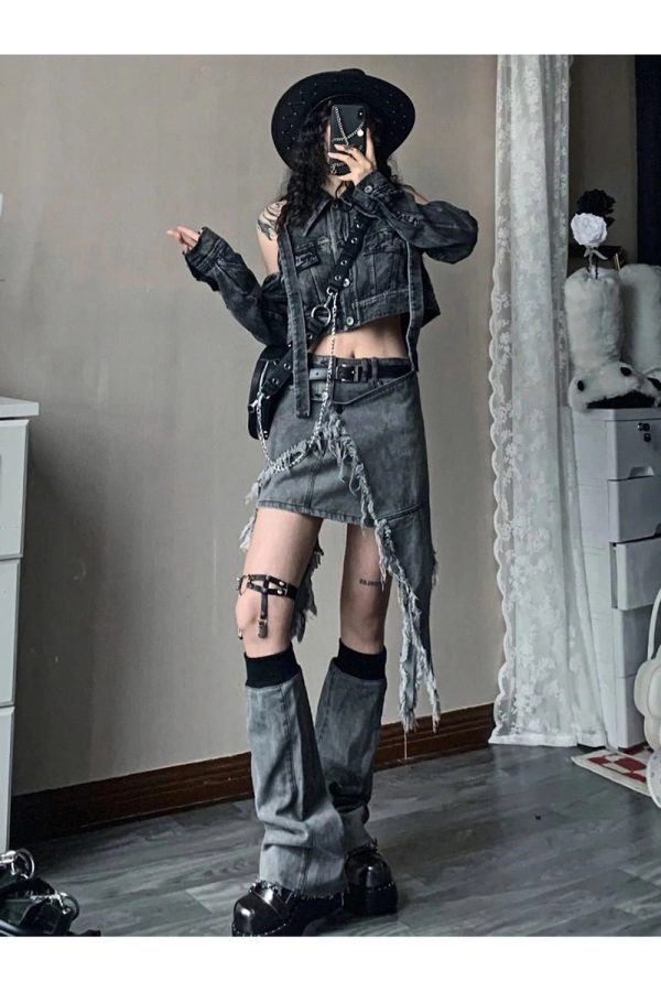 Fall Shredded Chaos Denim Set - Y2K Vintage Outfits for Women