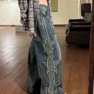 Fall Shredded Grunge Wide-Leg Jeans - Y2K Vintage Street Style Outfits