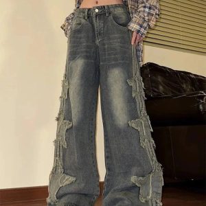 Fall Shredded Grunge Wide-Leg Jeans - Y2K Vintage Street Style Outfits