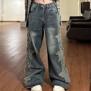 Fall Shredded Grunge Wide-Leg Jeans - Y2K Vintage Street Style Outfits