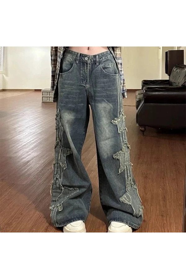 Fall Shredded Grunge Wide-Leg Jeans - Y2K Vintage Street Style Outfits