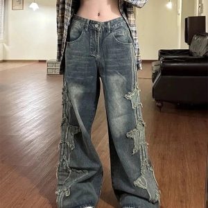 Fall Shredded Grunge Wide-Leg Jeans - Y2K Vintage Street Style Outfits