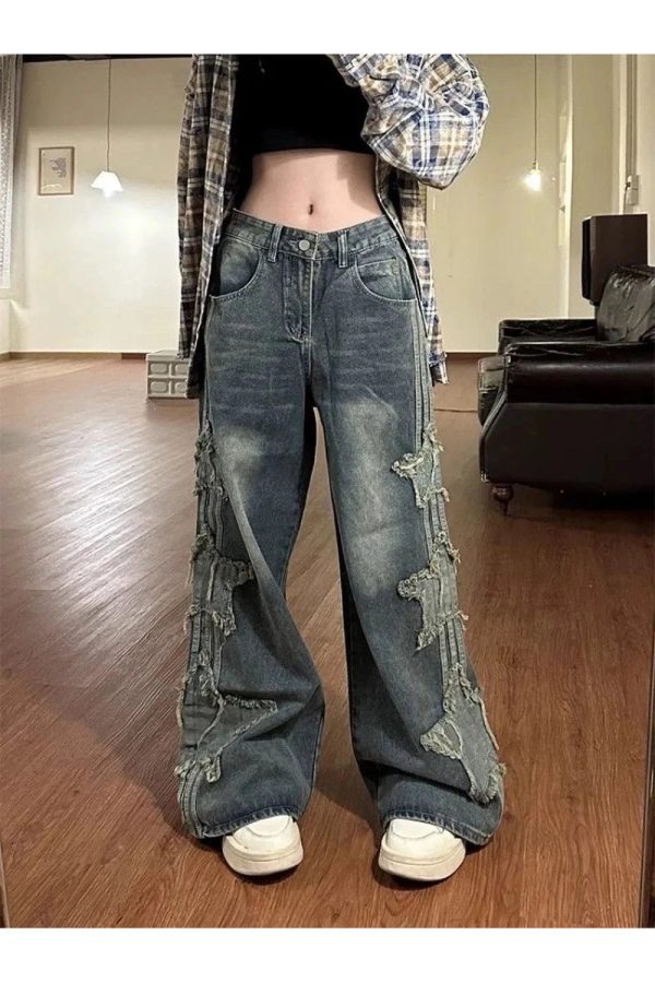 Fall Shredded Grunge Wide-Leg Jeans - Y2K Vintage Street Style Outfits