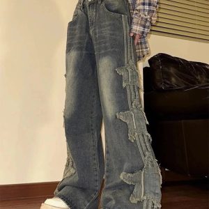 Fall Shredded Grunge Wide-Leg Jeans - Y2K Vintage Street Style Outfits