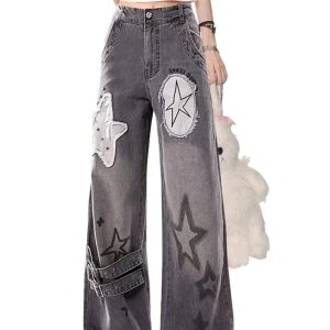 Fall Star Patchwork Wide-Leg Jeans - Y2K Vintage Aesthetic Outfits