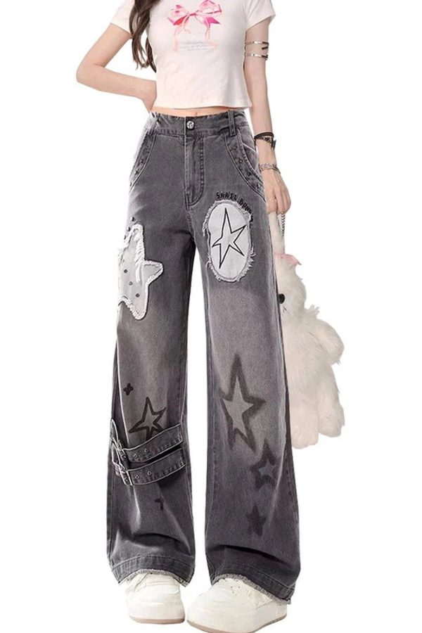 Fall Star Patchwork Wide-Leg Jeans - Y2K Vintage Aesthetic Outfits