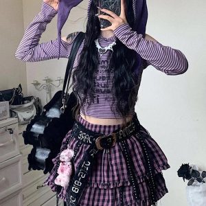 Fall Striped Cold Shoulder Cropped Hoodie - Y2K Vintage Aesthetic Outfit