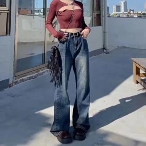 Fall Vintage Wash Flare Jeans - Y2K Outfits for Retro Street Style