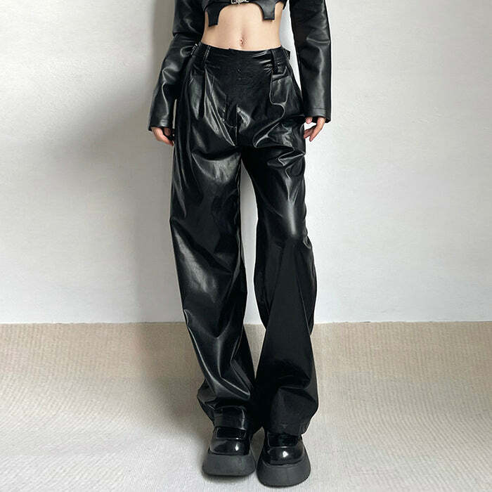 Faux Leather Grunge Pants - Y2K Vintage Outfits for Winter Street Style