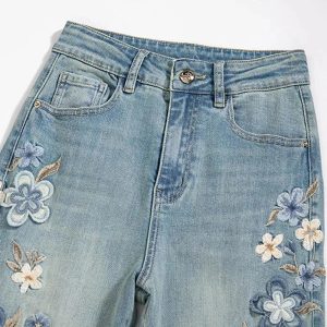 Floral Meadow Embroidered Jeans - Y2K Vintage Outfits for Winter Style