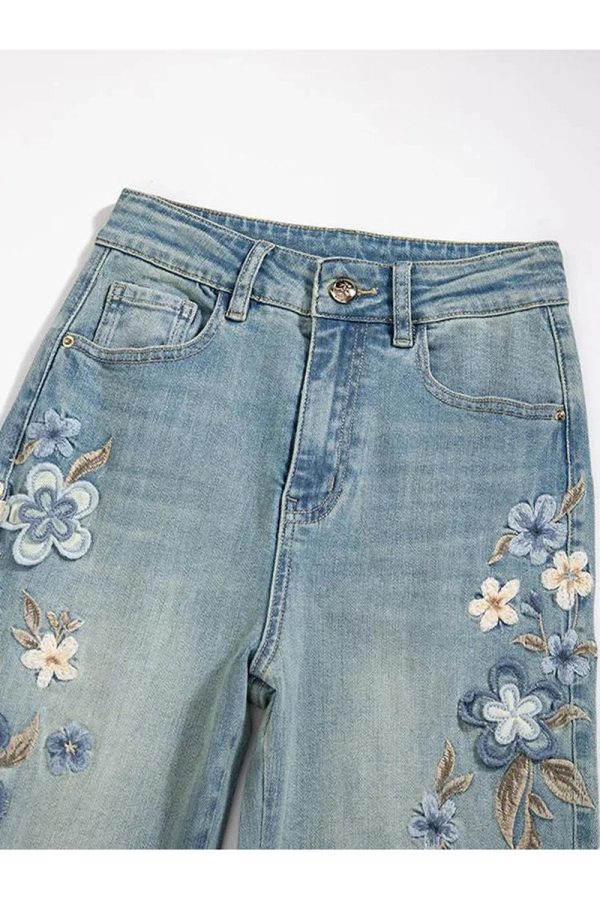 Floral Meadow Embroidered Jeans - Y2K Vintage Outfits for Winter Style