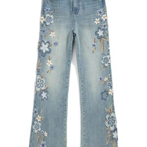 Floral Meadow Embroidered Jeans - Y2K Vintage Outfits for Winter Style