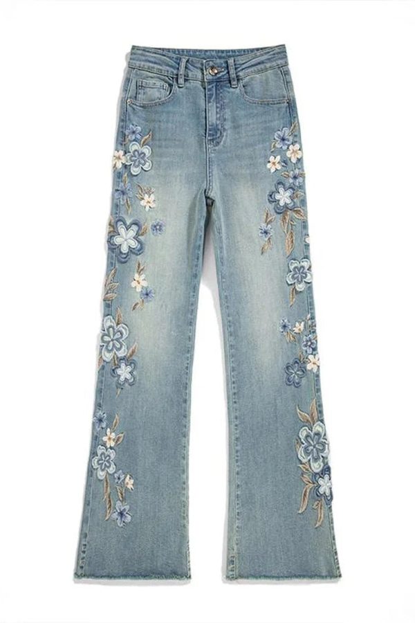 Floral Meadow Embroidered Jeans - Y2K Vintage Outfits for Winter Style