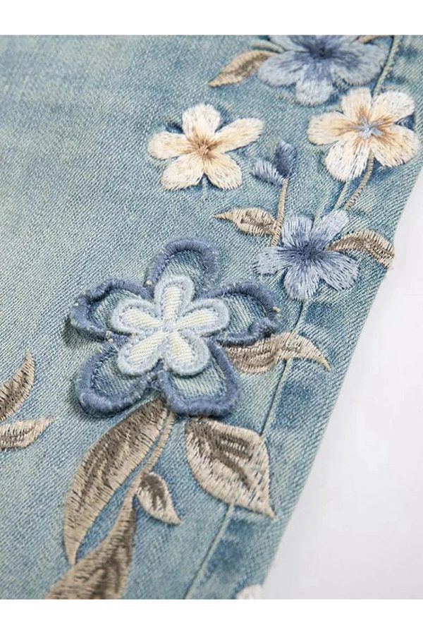 Floral Meadow Embroidered Jeans - Y2K Vintage Outfits for Winter Style