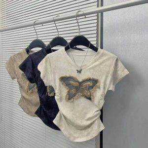 Frayed Butterfly Patch Top - Y2K Vintage Outfits for Winter Aesthetic