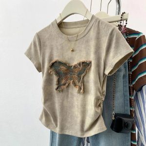 Frayed Butterfly Patch Top - Y2K Vintage Outfits for Winter Aesthetic