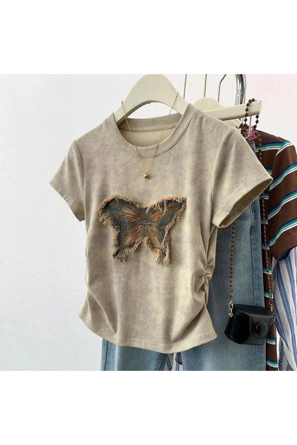 Frayed Butterfly Patch Top - Y2K Vintage Outfits for Winter Aesthetic