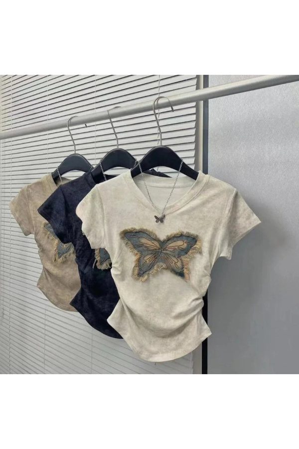 Frayed Butterfly Patch Top - Y2K Vintage Outfits for Winter Aesthetic