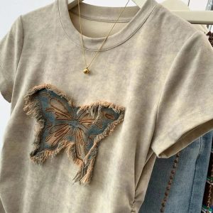 Frayed Butterfly Patch Top - Y2K Vintage Outfits for Winter Aesthetic