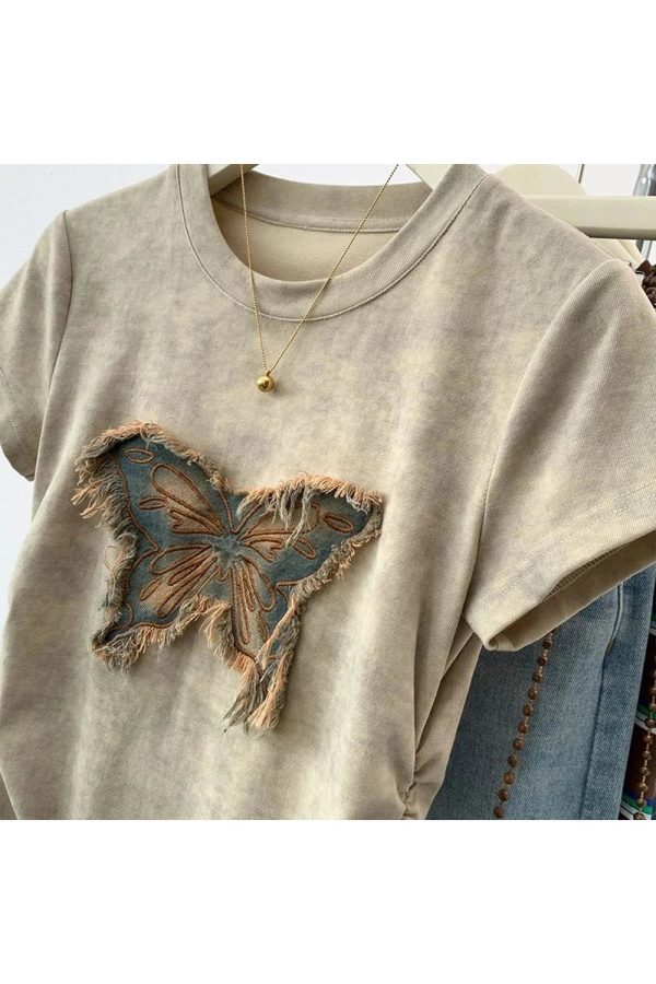 Frayed Butterfly Patch Top - Y2K Vintage Outfits for Winter Aesthetic