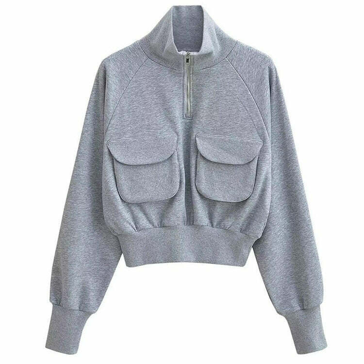 Front Pockets Grey Zip Up Sweatshirt - Y2K Vintage Winter Outfit