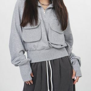 Front Pockets Grey Zip Up Sweatshirt - Y2K Vintage Winter Outfit