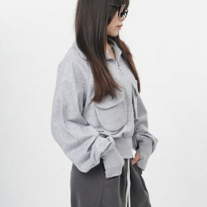 Front Pockets Grey Zip Up Sweatshirt - Y2K Vintage Winter Outfit